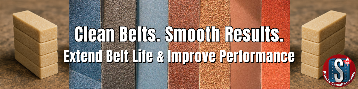 Professional banner featuring sanding belt cleaning sticks beside abrasive sanding belts in multiple grits and colors, promoting longer belt life and improved sanding performance for woodworking and metalworking applications.